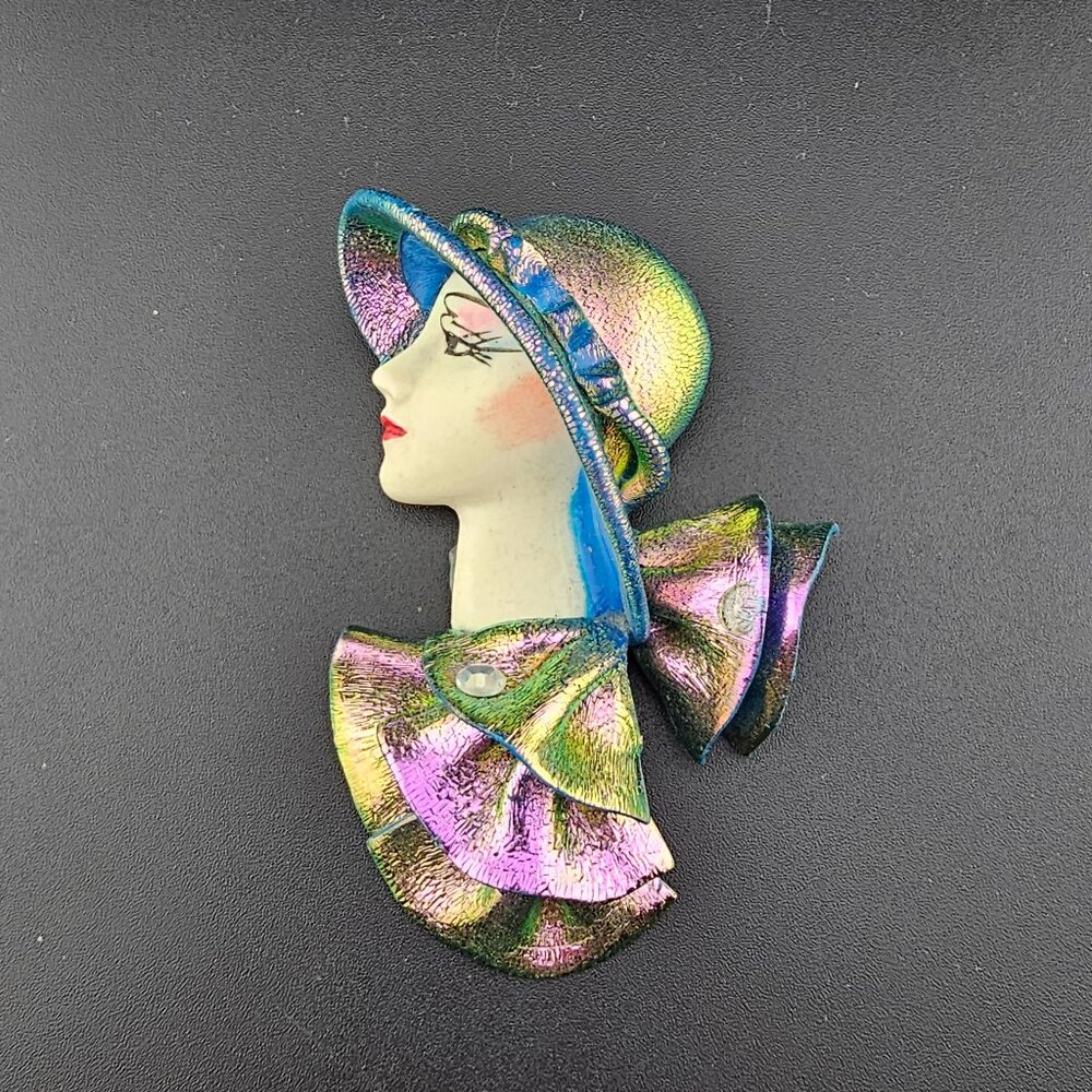 Vintage 80s Woman in a Derby Hat Purple Blue Hand Made Modeled Brooch Pin Big 3"